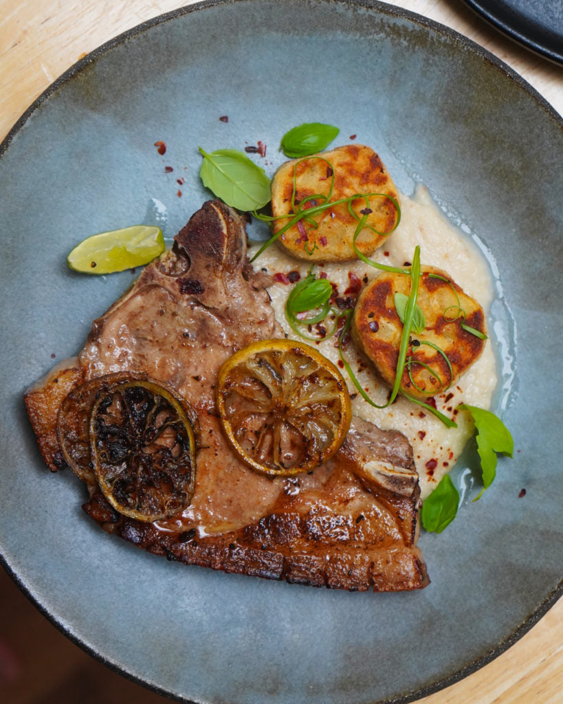 LIME AND THYME PORK CHOPS WITH CRISPY POTATO CROQUETTES