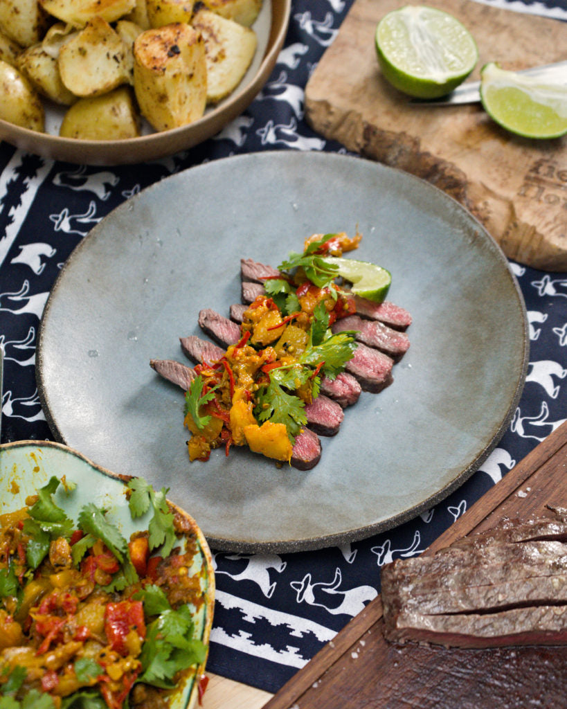 FLAT IRON STEAK, PINEAPPLE SALSA, AND MUSTARD POTATOES